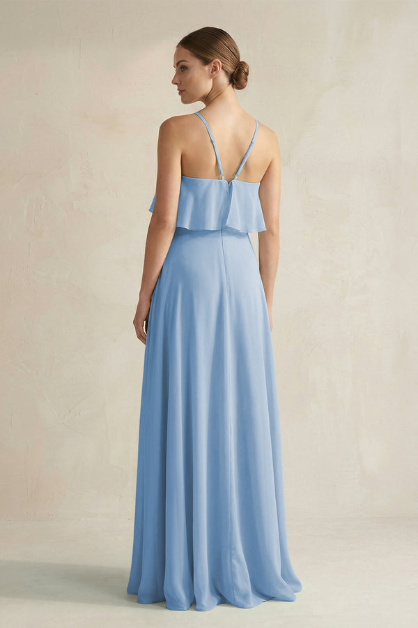 Steel Blue Halter Neck A-Line Chiffon Bridesmaid Dress with Keyhole (2) | KISSBRIDAL