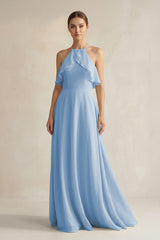 Steel Blue Halter Neck A-Line Chiffon Bridesmaid Dress with Keyhole | KISSBRIDAL