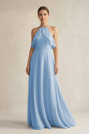 Steel Blue Halter Neck A-Line Chiffon Bridesmaid Dress with Keyhole | KISSBRIDAL