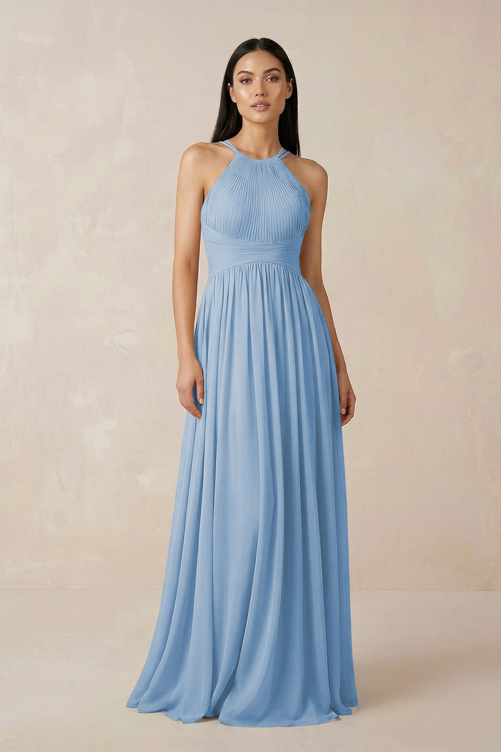Halter Neck A-Line Chiffon Bridesmaid Dress in Steel Blue