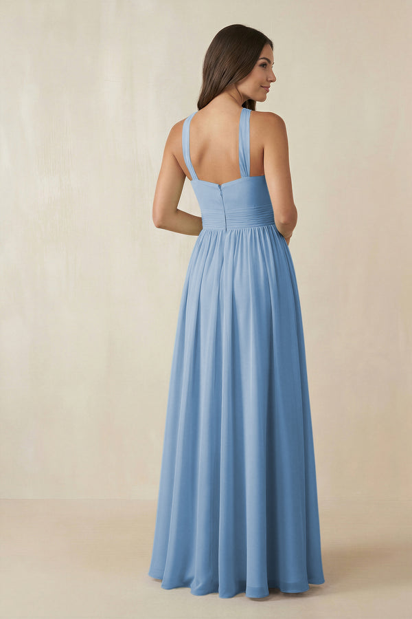 Steel Blue Halter Neck Ruched A-Line Chiffon Bridesmaid Dress (2) | KISSBRIDAL