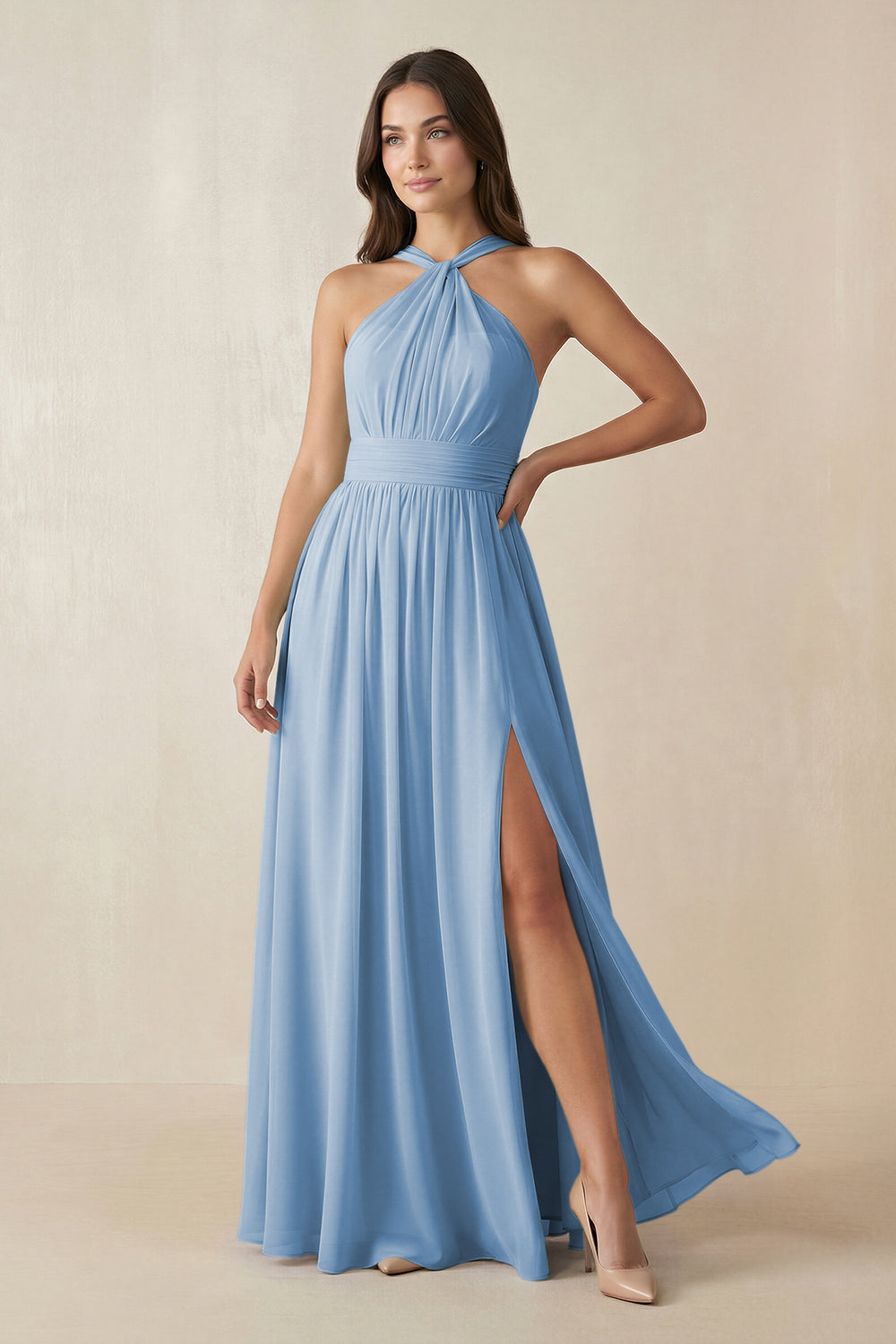 Halter Neck Ruched A-Line Chiffon Bridesmaid Dress in Steel Blue