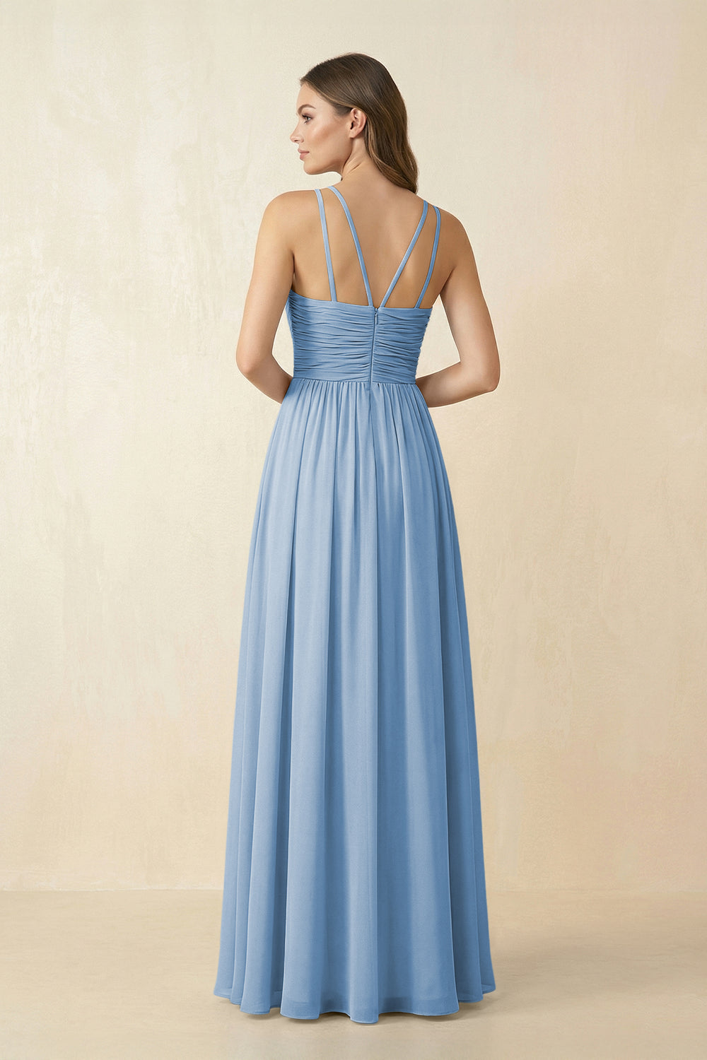 Halter Pleated A-Line Chiffon Bridesmaid Dress in Steel Blue