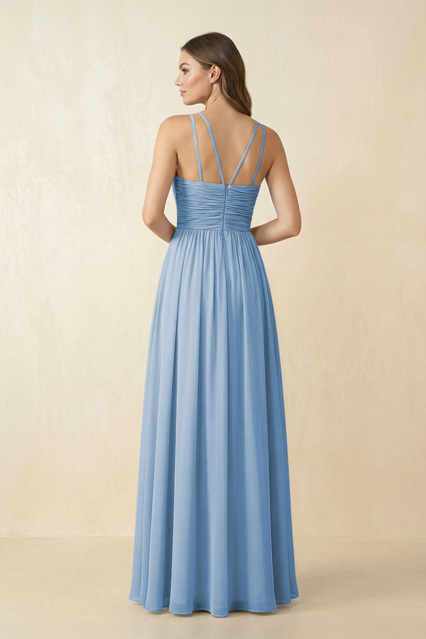 Steel Blue Halter Pleated A-Line Chiffon Bridesmaid Dress (2) | KISSBRIDAL