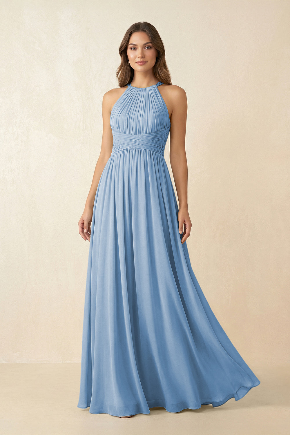 Halter Pleated A-Line Chiffon Bridesmaid Dress in Steel Blue