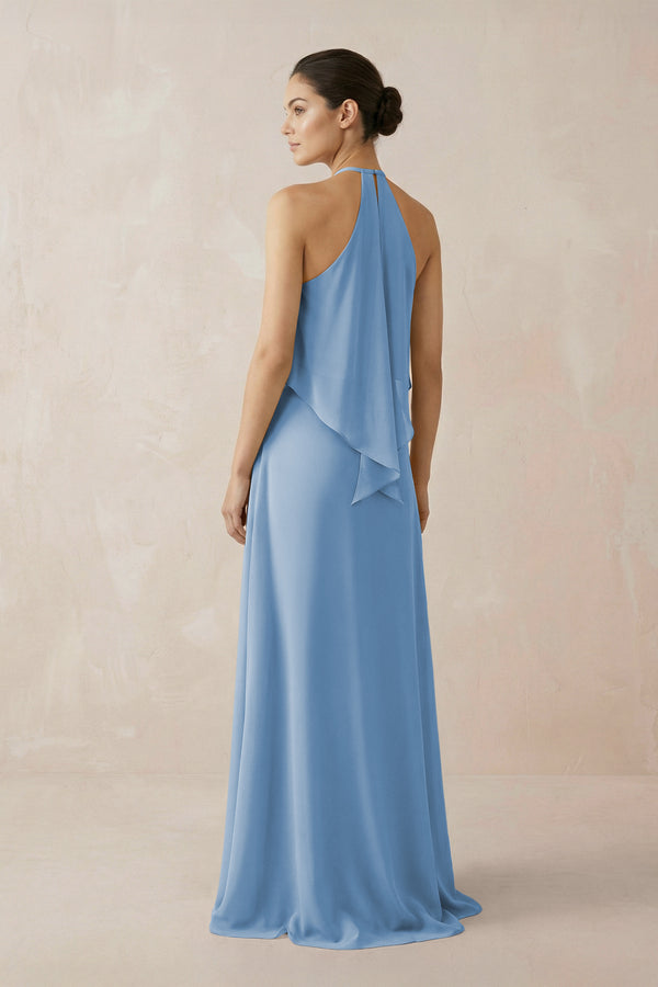 Steel Blue Halter Sheath Ruffled Chiffon Bridesmaid Dress (2) | KISSBRIDAL