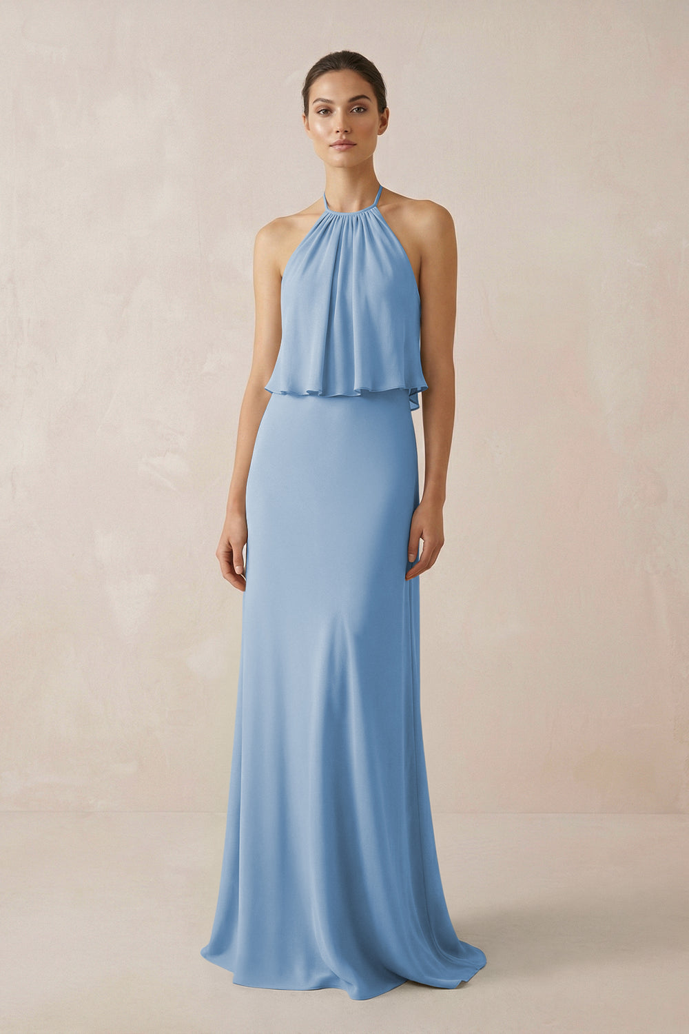 Halter Sheath Ruffled Chiffon Bridesmaid Dress in Steel Blue