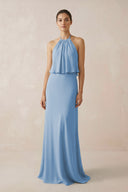 Steel Blue Halter Sheath Ruffled Chiffon Bridesmaid Dress | KISSBRIDAL