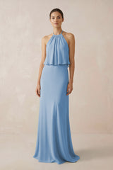 Steel Blue Halter Sheath Ruffled Chiffon Bridesmaid Dress | KISSBRIDAL