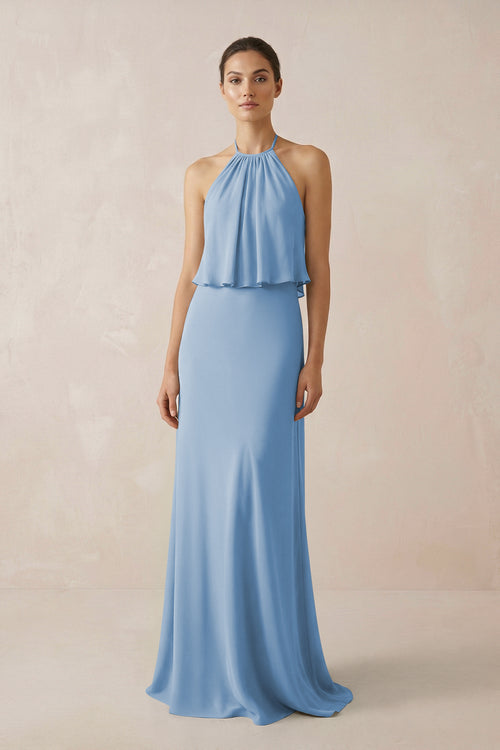 Steel Blue Halter Sheath Ruffled Chiffon Bridesmaid Dress | KISSBRIDAL