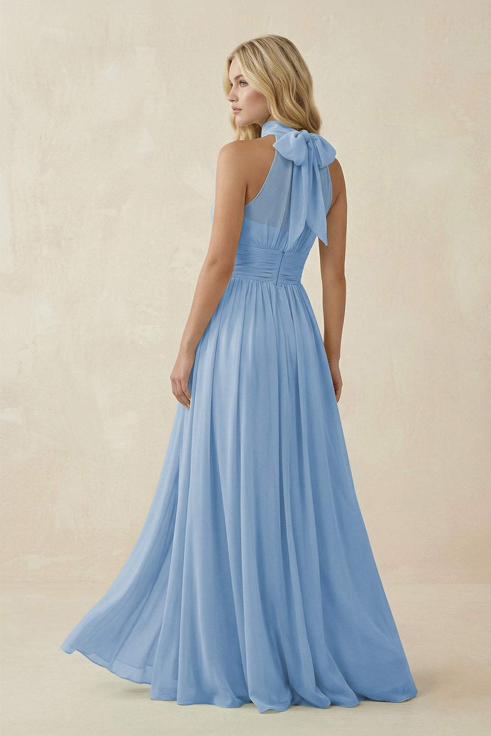 Illusion Halter A-Line Chiffon Bridesmaid Gown in Steel Blue