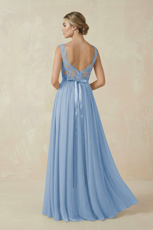 Steel Blue Lace A-Line Bateau Neck Chiffon Long Bridesmaid Dress (2) | KISSBRIDAL