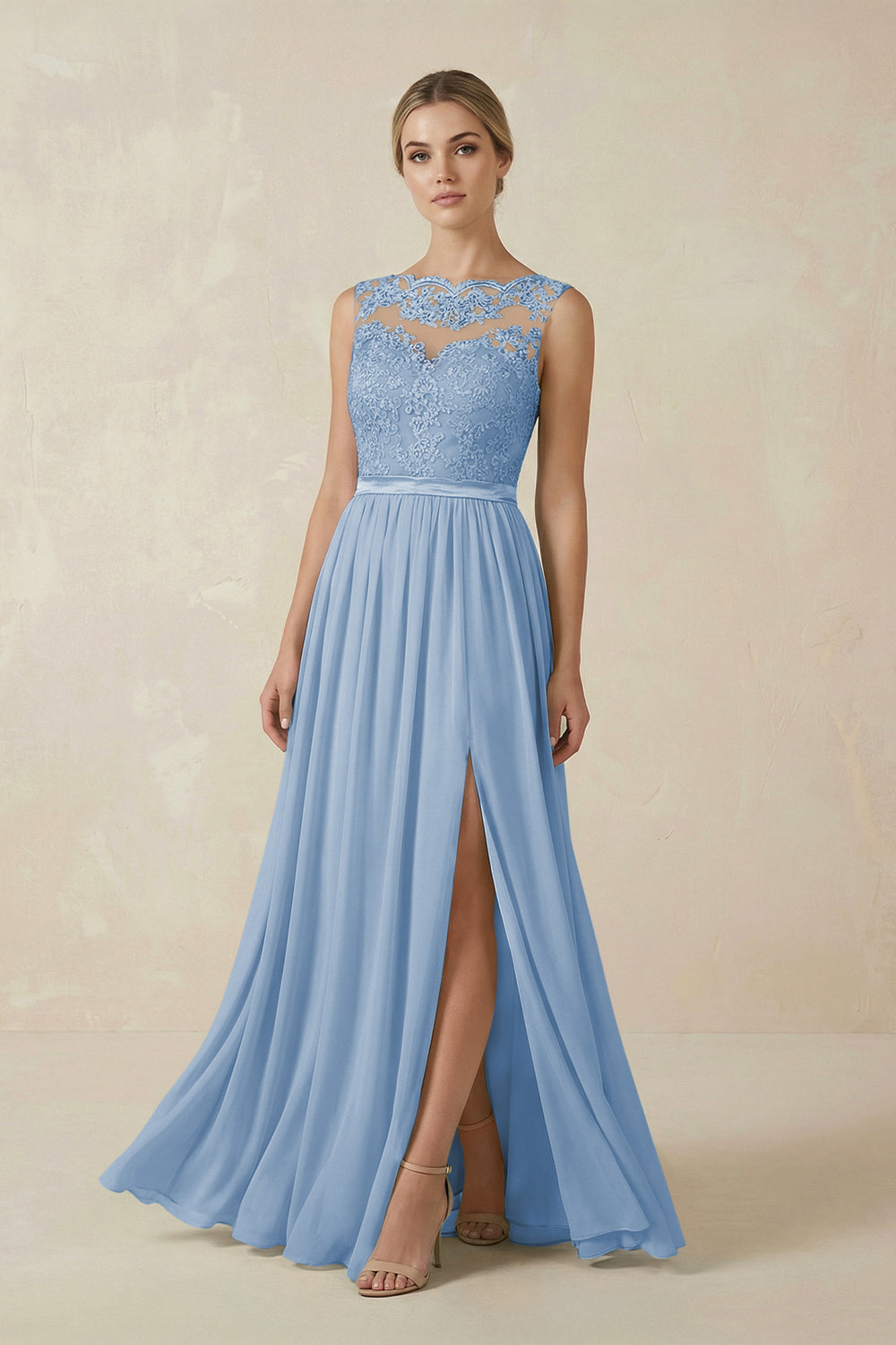 Lace A-Line Bateau Neck Chiffon Long Bridesmaid Dress in Steel Blue