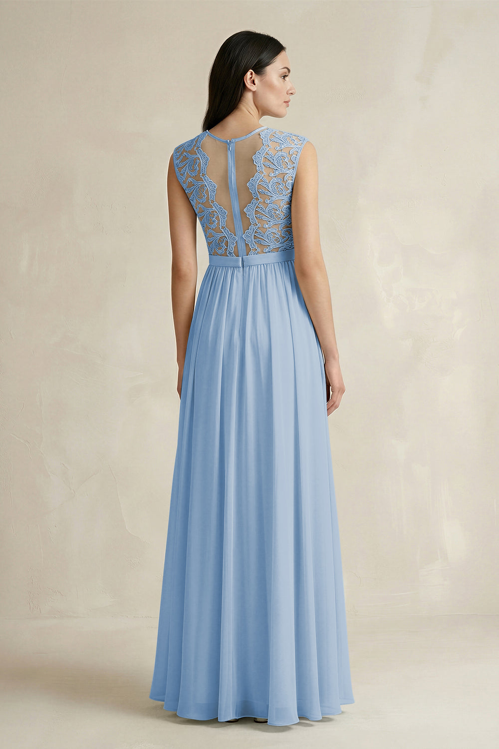 Lace Chiffon A-Line Round Neck Bridesmaid Dress in Steel Blue