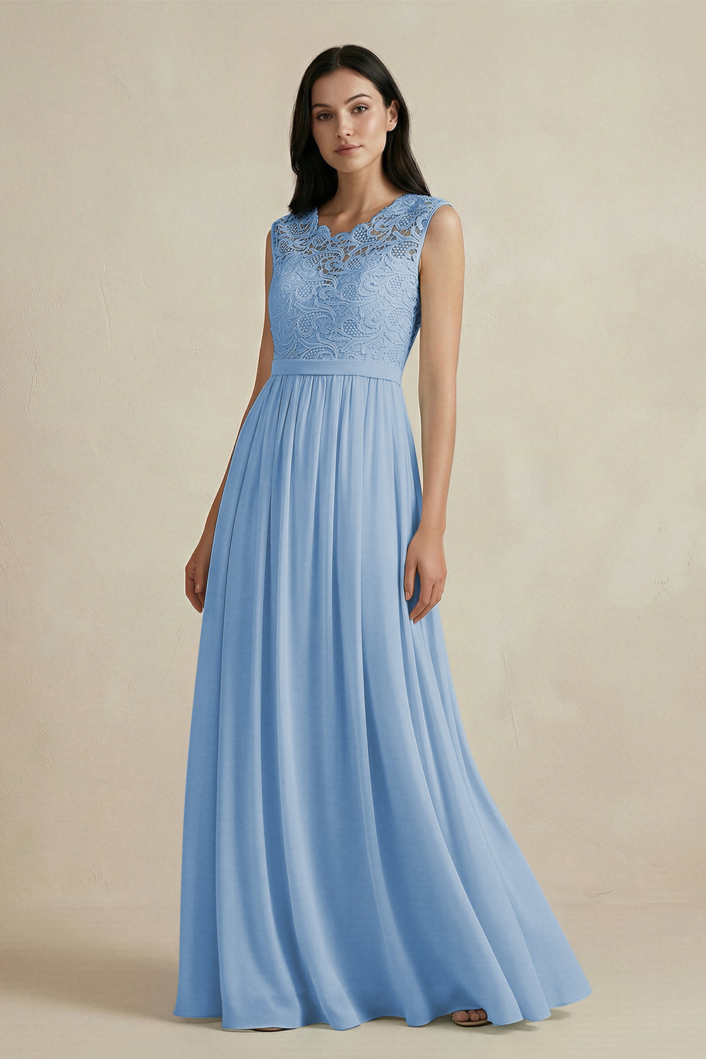 Lace Chiffon A-Line Round Neck Bridesmaid Dress in Steel Blue