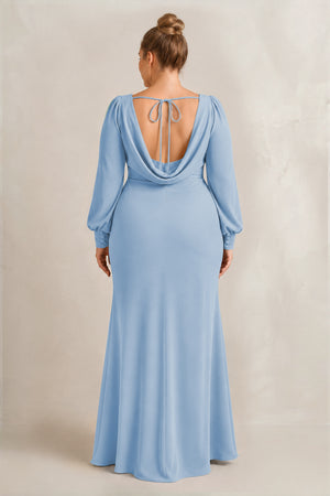 Steel Blue Long Sleeve V-Neck Sheath Chiffon Bridesmaid Dress (2) [sizeplus] | KISSBRIDAL