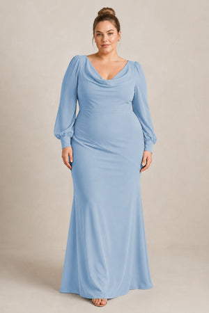 Steel Blue Long Sleeve V-Neck Sheath Chiffon Bridesmaid Dress [sizeplus] | KISSBRIDAL