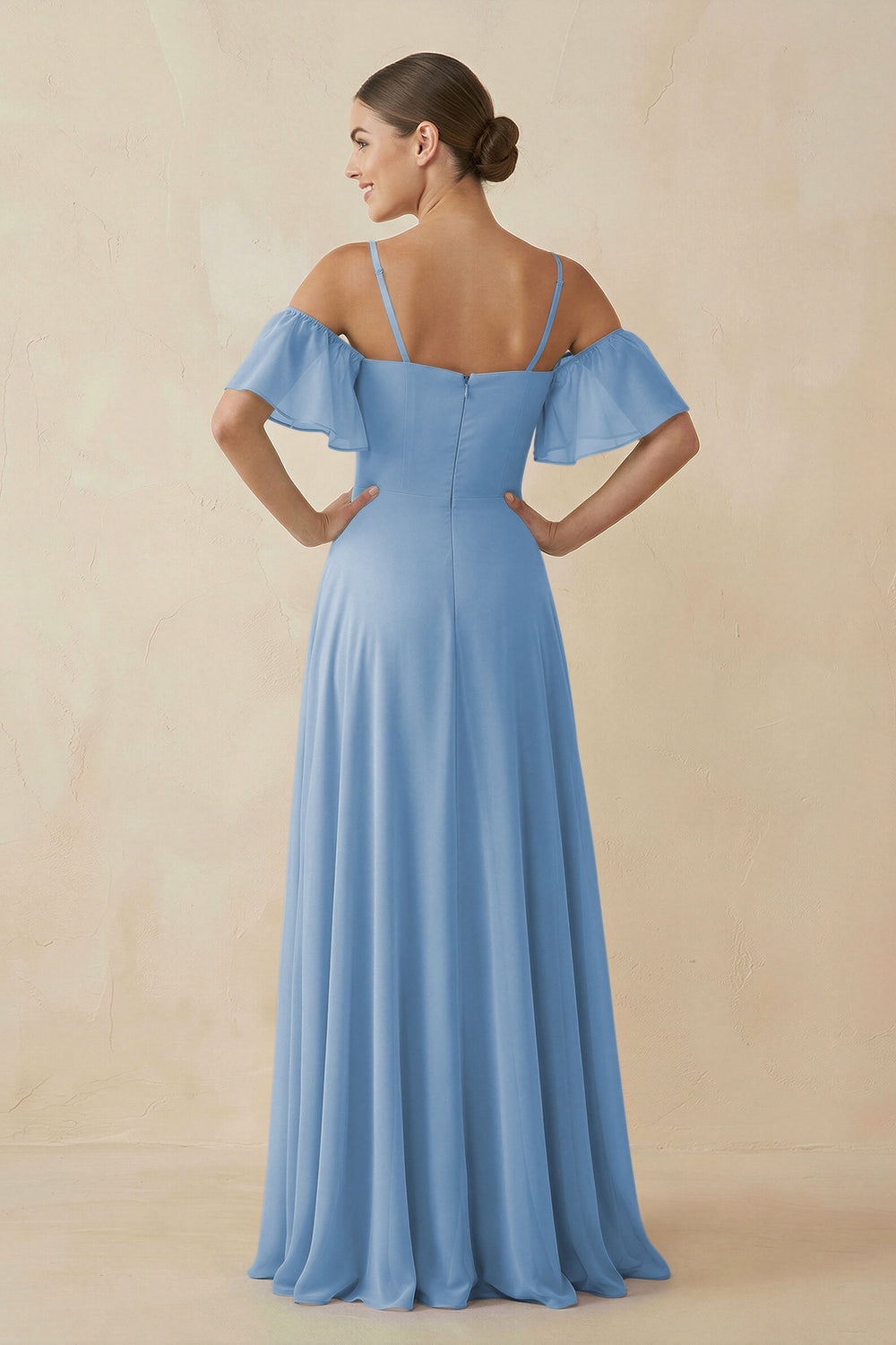 Off-the-Shoulder A-Line Chiffon Bridesmaid Dress in Steel Blue