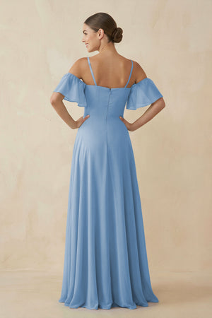 Steel Blue Off-the-Shoulder A-Line Chiffon Bridesmaid Dress (2) | KISSBRIDAL