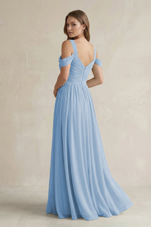 Steel Blue Off-the-Shoulder A-Line Chiffon Bridesmaid Dress With Slit (2) | KISSBRIDAL