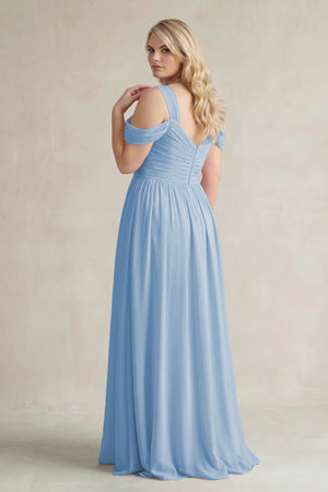 Steel Blue Off-the-Shoulder A-Line Chiffon Bridesmaid Dress With Slit (2) | KISSBRIDAL