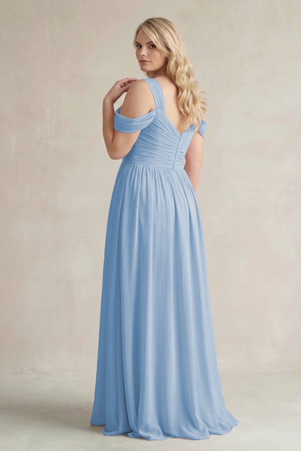 Steel Blue Off-the-Shoulder A-Line Chiffon Bridesmaid Dress With Slit (2) | KISSBRIDAL