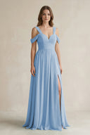 Steel Blue Off-the-Shoulder A-Line Chiffon Bridesmaid Dress With Slit | KISSBRIDAL