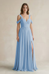 Steel Blue Off-the-Shoulder A-Line Chiffon Bridesmaid Dress With Slit | KISSBRIDAL