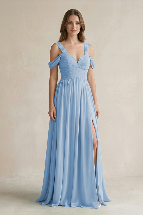 Steel Blue Off-the-Shoulder A-Line Chiffon Bridesmaid Dress With Slit | KISSBRIDAL