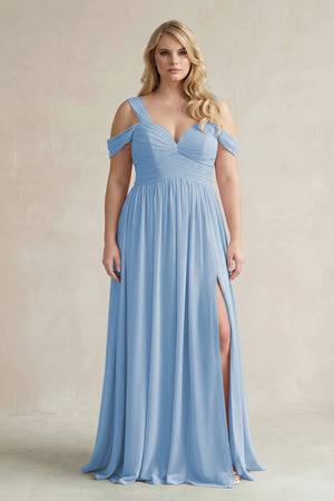 Steel Blue Off-the-Shoulder A-Line Chiffon Bridesmaid Dress With Slit | KISSBRIDAL