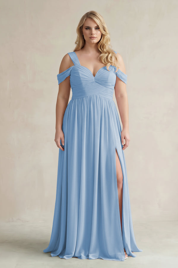 Steel Blue Off-the-Shoulder A-Line Chiffon Bridesmaid Dress With Slit | KISSBRIDAL