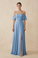 Steel Blue Off-the-Shoulder A-Line Chiffon Bridesmaid Dress | KISSBRIDAL
