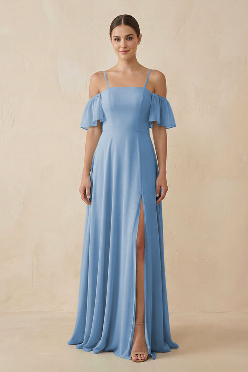 Steel Blue Off-the-Shoulder A-Line Chiffon Bridesmaid Dress | KISSBRIDAL