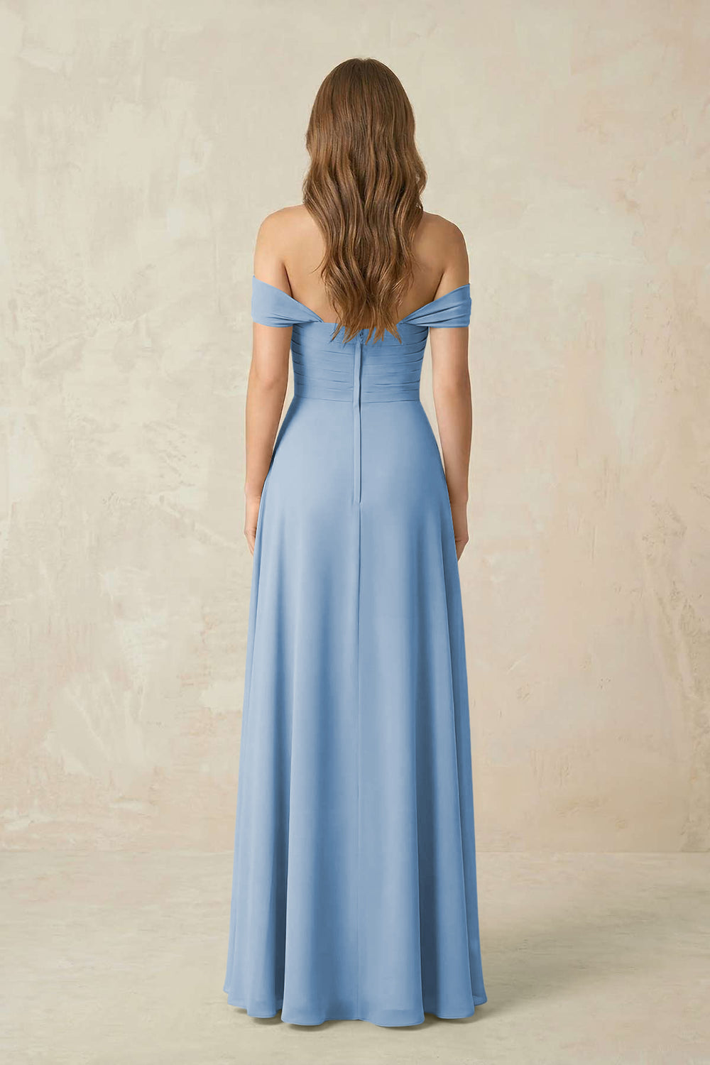 Off-the-Shoulder A-Line Chiffon Pleated Bridesmaid Dress in Steel Blue