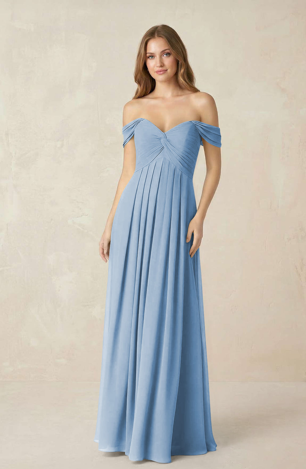 Off-the-Shoulder A-Line Chiffon Pleated Bridesmaid Dress in Steel Blue