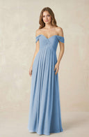 Steel Blue Off-the-Shoulder A-Line Chiffon Pleated Bridesmaid Dress | KISSBRIDAL