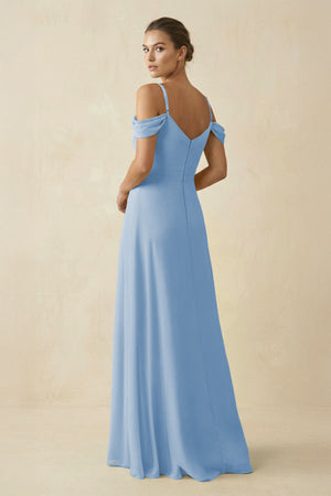 Steel Blue Off-the-Shoulder A-Line Pleated Chiffon Bridesmaid Gown (2) | KISSBRIDAL
