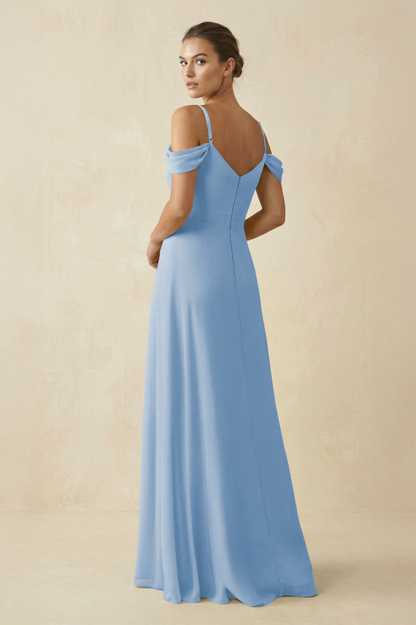 Steel Blue Off-the-Shoulder A-Line Pleated Chiffon Bridesmaid Gown (2) | KISSBRIDAL
