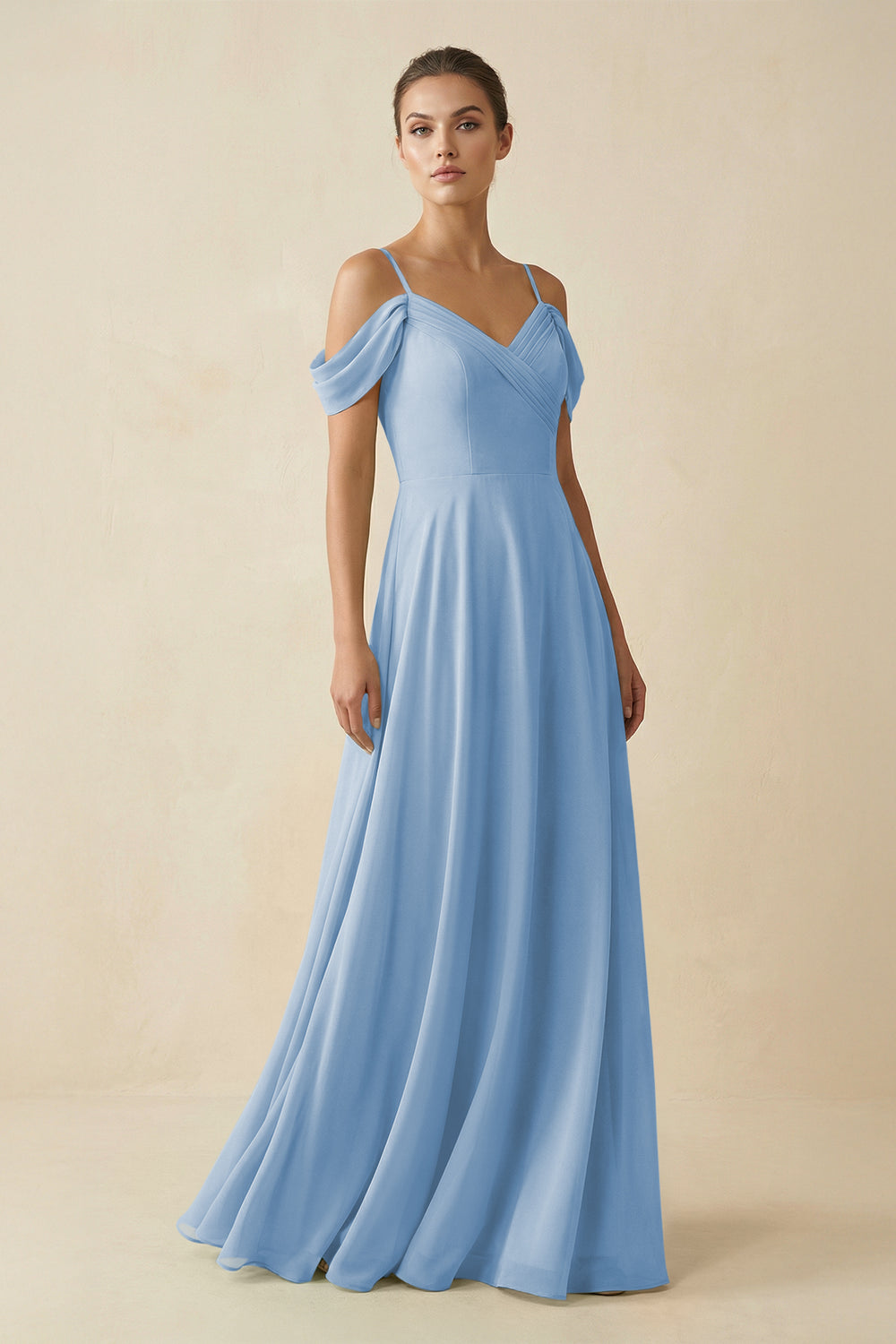 Off-the-Shoulder A-Line Pleated Chiffon Bridesmaid Gown in Steel Blue