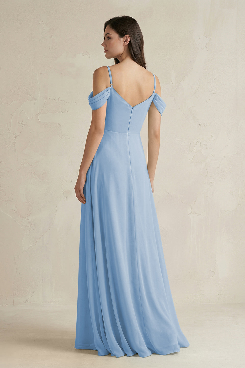 Off-the-Shoulder Chiffon A-Line Bridesmaid Dress in Steel Blue