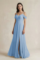 Steel Blue Off-the-Shoulder Chiffon A-Line Bridesmaid Dress | KISSBRIDAL