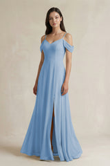 Steel Blue Off-the-Shoulder Chiffon A-Line Bridesmaid Dress | KISSBRIDAL
