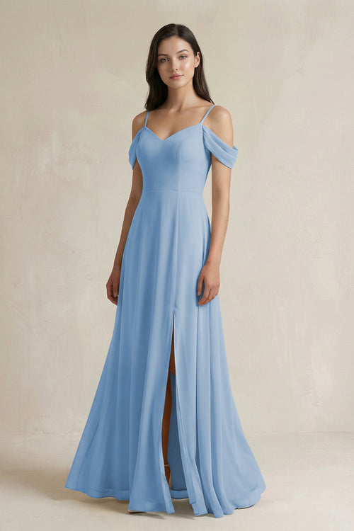 Steel Blue Off-the-Shoulder Chiffon A-Line Bridesmaid Dress | KISSBRIDAL