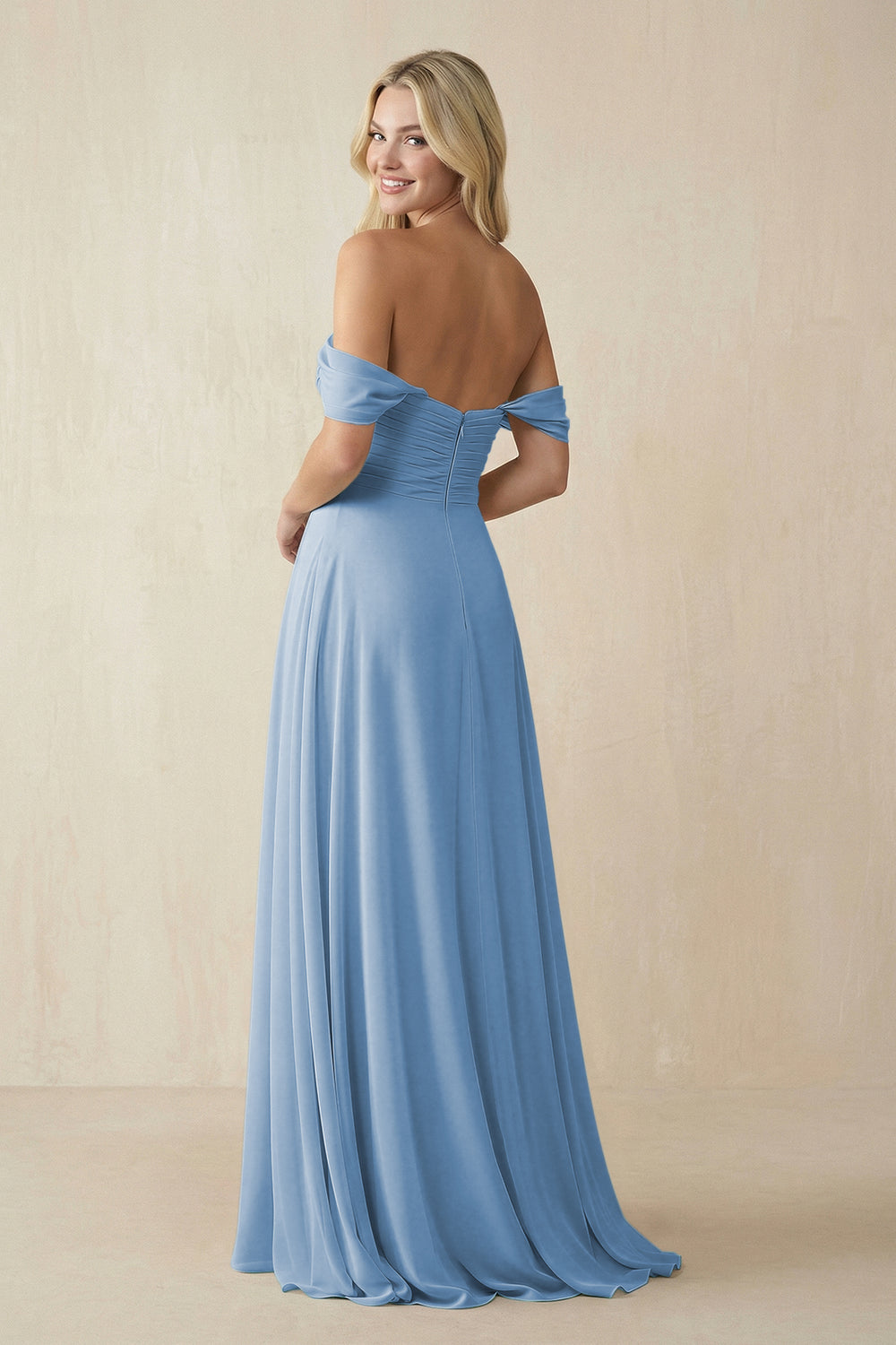 Off-the-Shoulder Chiffon A-Line Long Bridesmaid Dress in Steel Blue