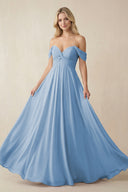 Steel Blue Off-the-Shoulder Chiffon A-Line Long Bridesmaid Dress | KISSBRIDAL