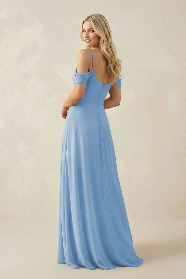 Steel Blue Off-the-Shoulder Chiffon A-Line Maxi Bridesmaid Dress (2) | KISSBRIDAL