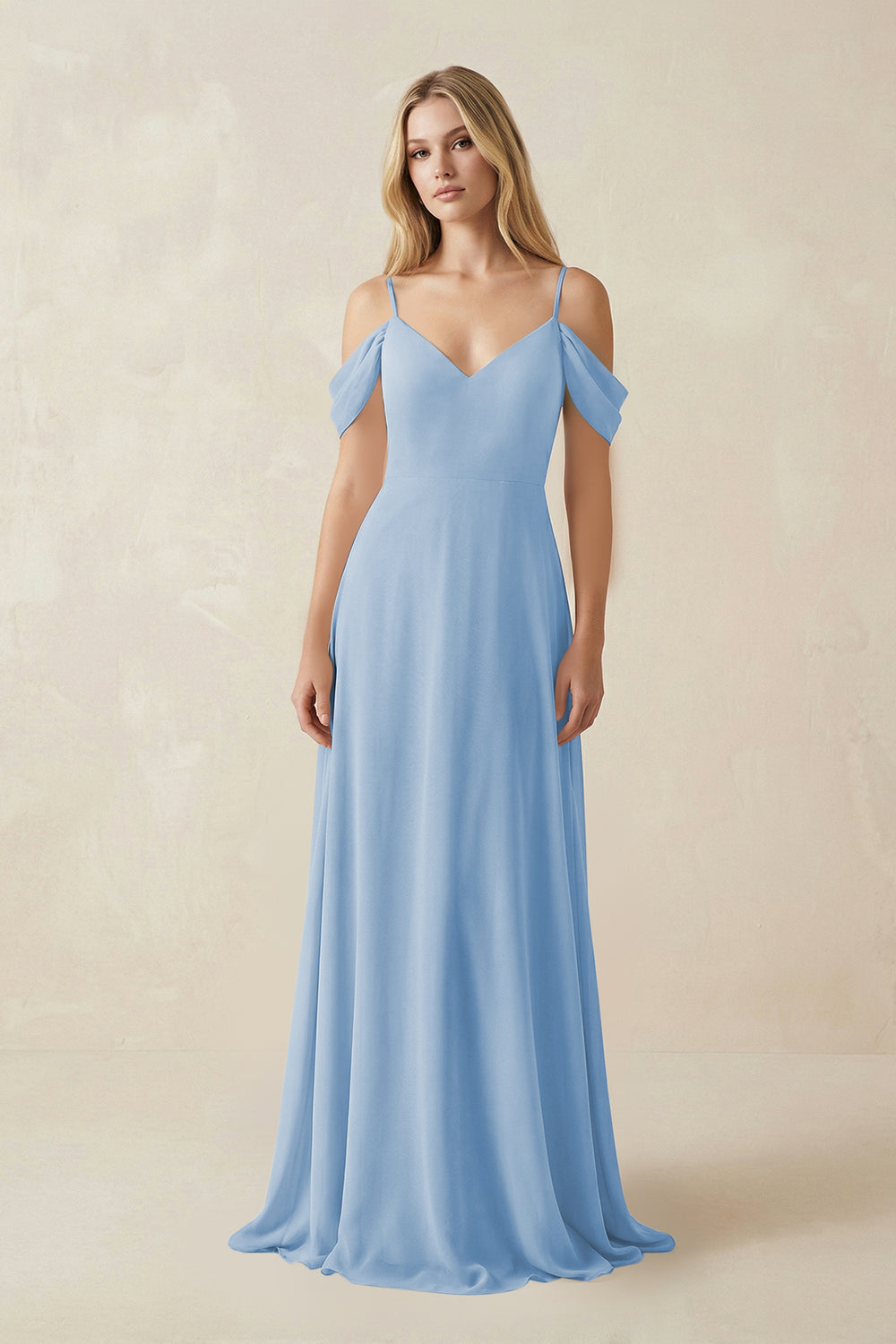Off-the-Shoulder Chiffon A-Line Maxi Bridesmaid Dress in Steel Blue