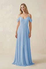Steel Blue Off-the-Shoulder Chiffon A-Line Maxi Bridesmaid Dress | KISSBRIDAL