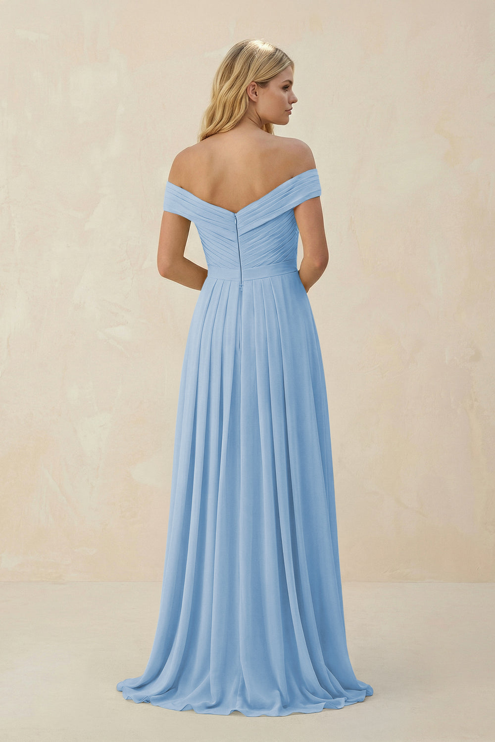 Off-the-Shoulder Pleated A-Line Chiffon Bridesmaid Dress in Steel Blue