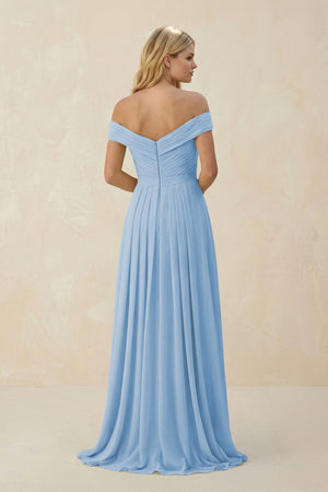 Steel Blue Off-the-Shoulder Pleated A-Line Chiffon Bridesmaid Dress (2) | KISSBRIDAL